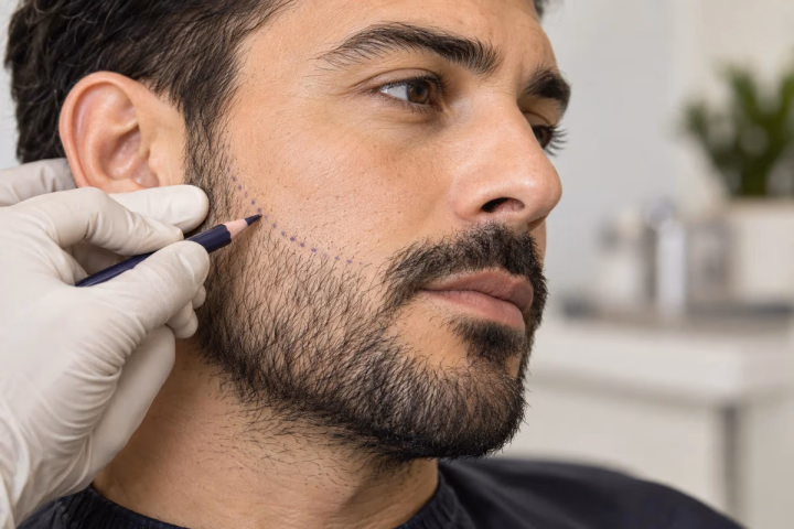 Individual beard outline planning with a fine skin marker