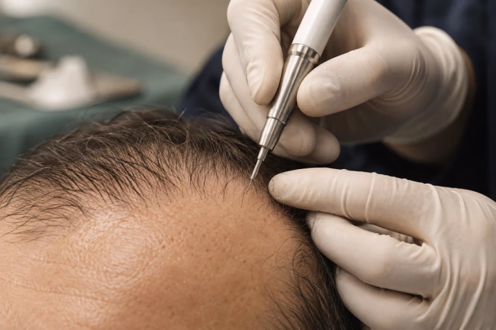 A DHI implanter positioned near the recipient hairline