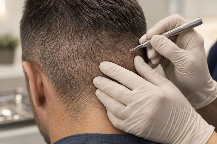 FUE micro-punch instrument at the donor area on the back of the scalp