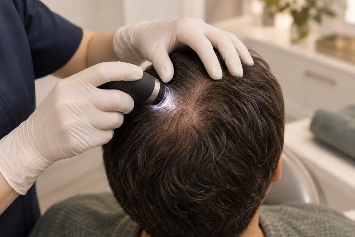 Dermatoscope examination of hair and scalp before treatment planning