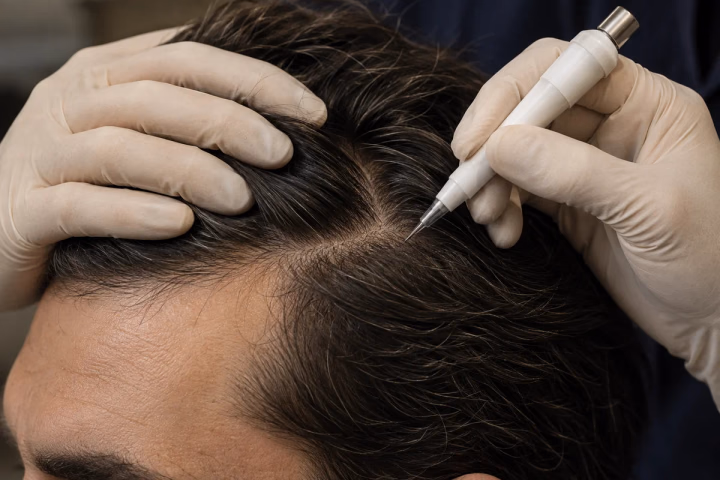 A DHI implanter beside carefully parted long hair in the recipient area